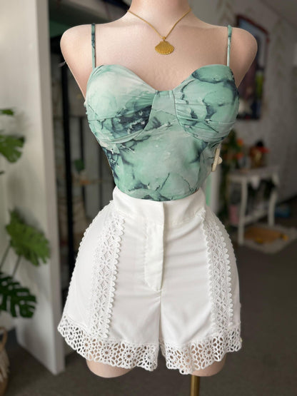 Corset Top de Malla Verde Mármol con Manguillos Ajustables