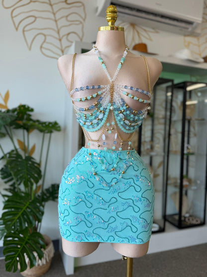 Mini Falda de Lentejuelas Aqua con Bordado y Forro Interno