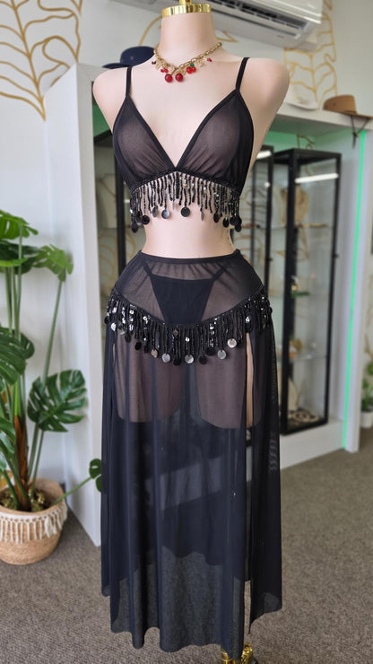 Set Negro Mesh Transparente con Flecos de Lentejuelas - Top, Hilo y Falda