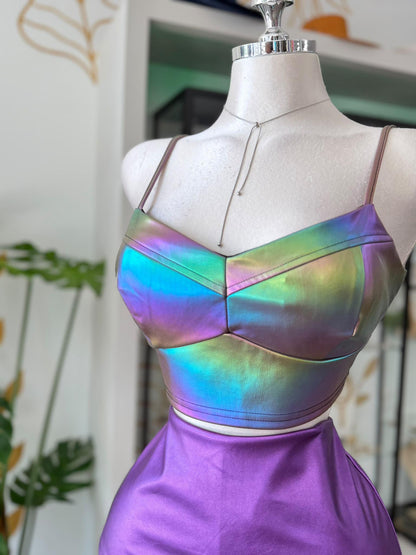Skort Morado Metálico con Corte Asimétrico y Short Integrado