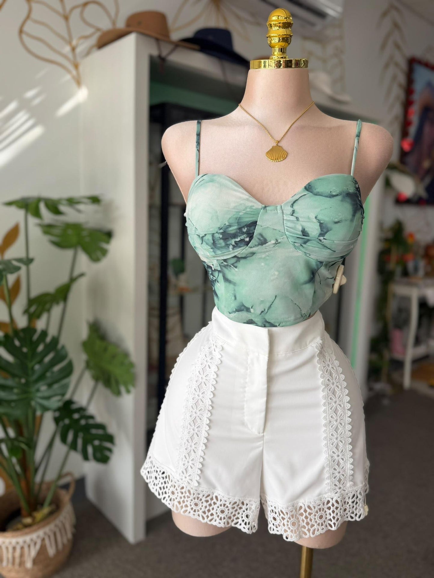 Corset Top de Malla Verde Mármol con Manguillos Ajustables