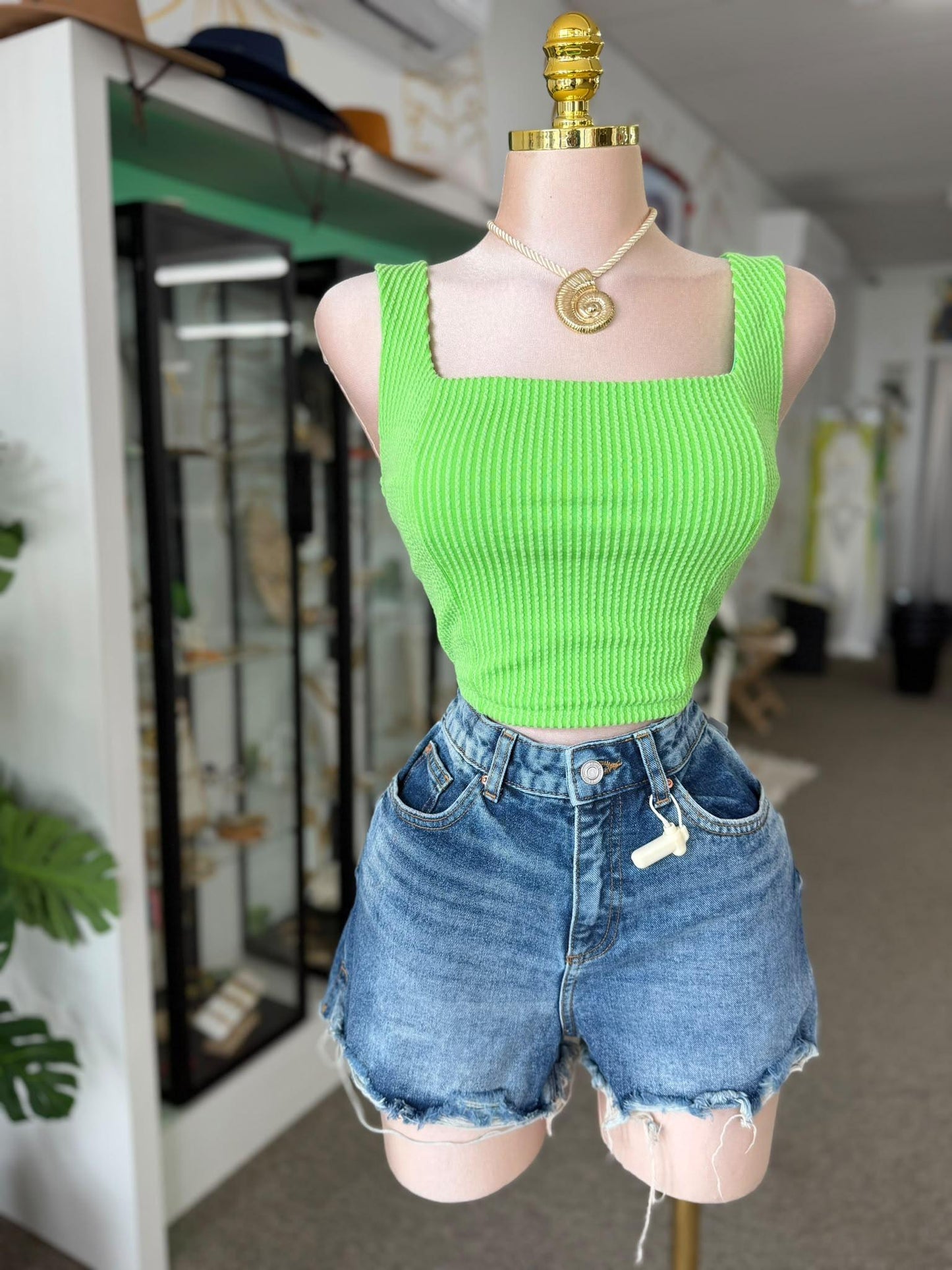 Crop Top Verde Neón Acanalado Cuello Cuadrado