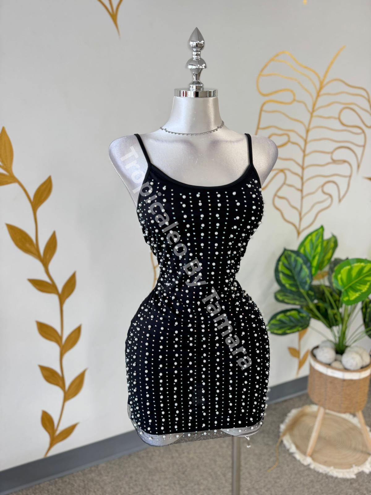 Pearl Mesh Inside Lining Dress Medium / Negro