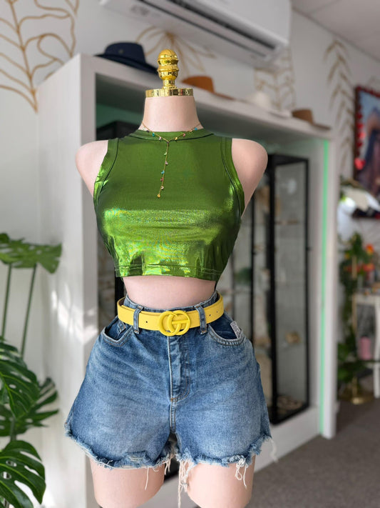 Crop Top Verde Metálico Holográfico Cuello Alto Sin Mangas