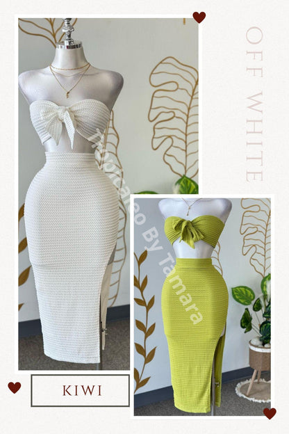 Summer Textured Glow Knit Bow Top & Skirt Set