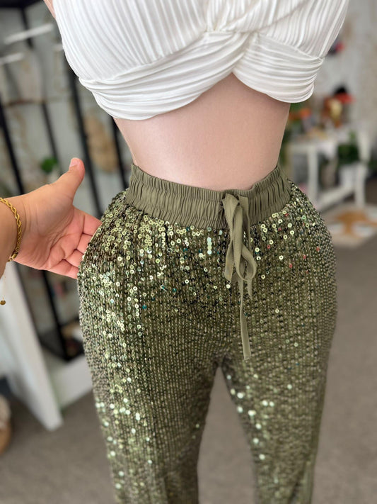 Pantalón Largo de Lentejuelas Verde Olivo con Bolsillos y Tobillo Jogger