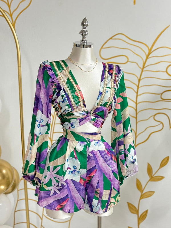 Green Tropical Print Cutout Romper Long Sleeve