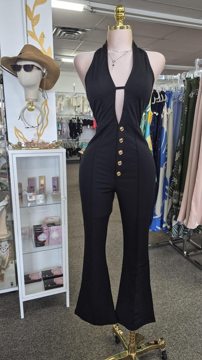 Jumpsuit Negro Halter con Botones Dorados y Pierna Acampanada