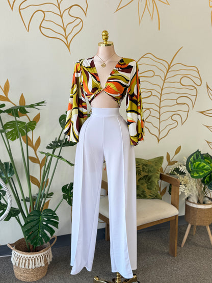 White High-Waist Flow Pants