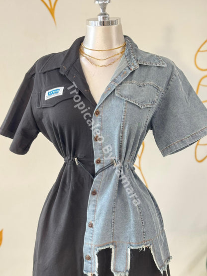 Split Combination Denim Mini Dress