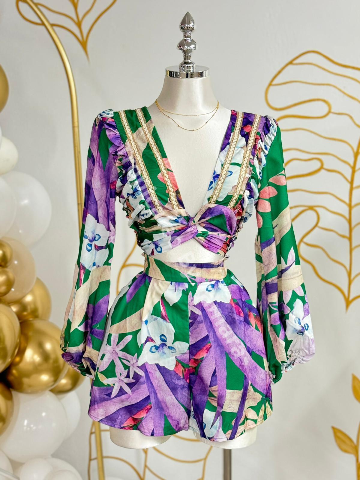 Green Tropical Print Cutout Romper Long Sleeve