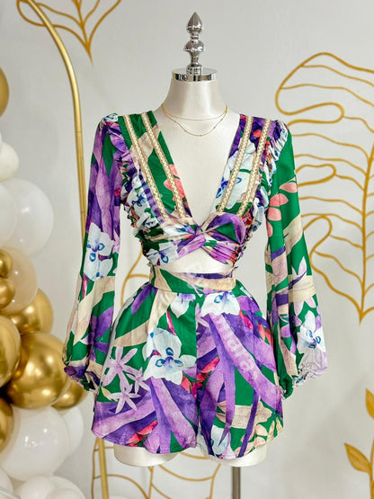 Green Tropical Print Cutout Romper Long Sleeve