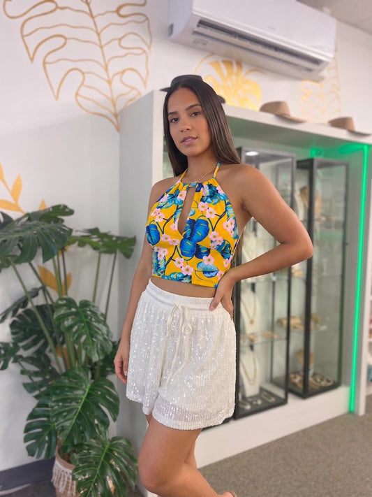 Top Halter Floral Amarillo con Keyhole y Espalda Abierta