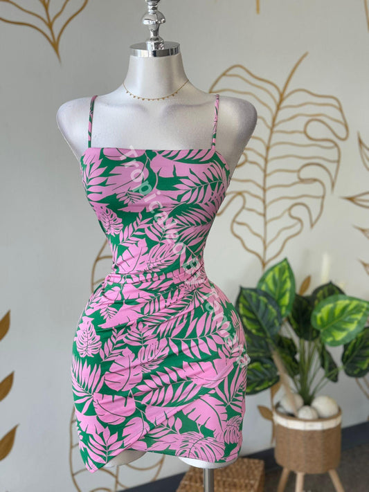 Green & Pink Palm Mini Dress