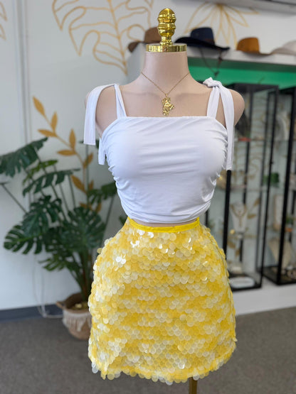 Falda Mini Amarilla de Lentejuelas Grandes con Zipper