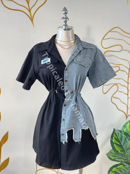 Split Combination Denim Mini Dress