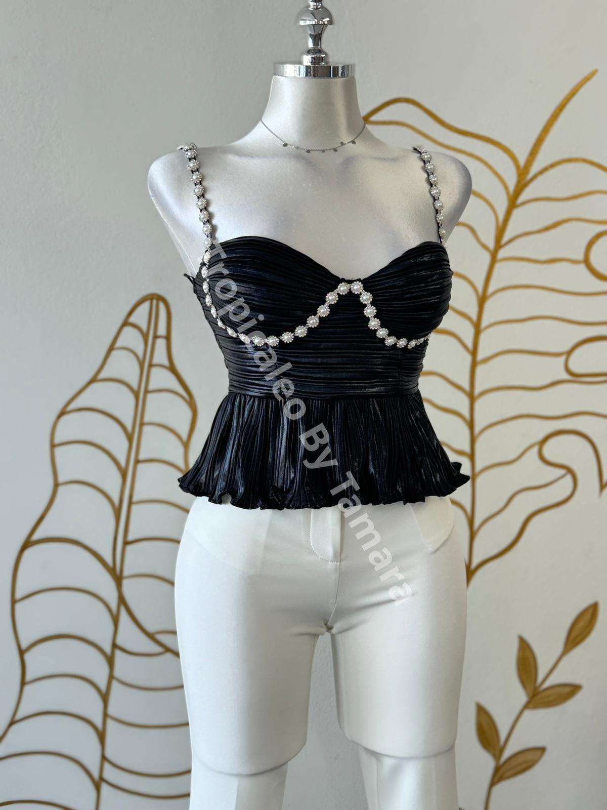 Pearl Trim Pleated Bustier Top (2 Colores Disponibles) Top