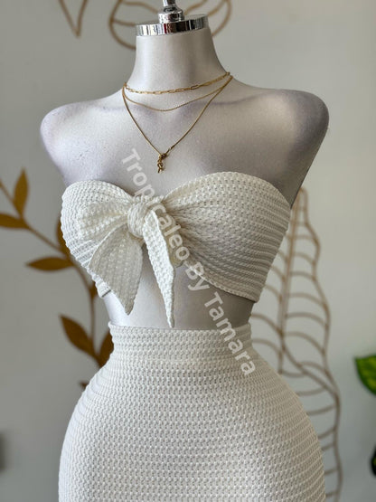 Summer Textured Glow Knit Bow Top & Skirt Set