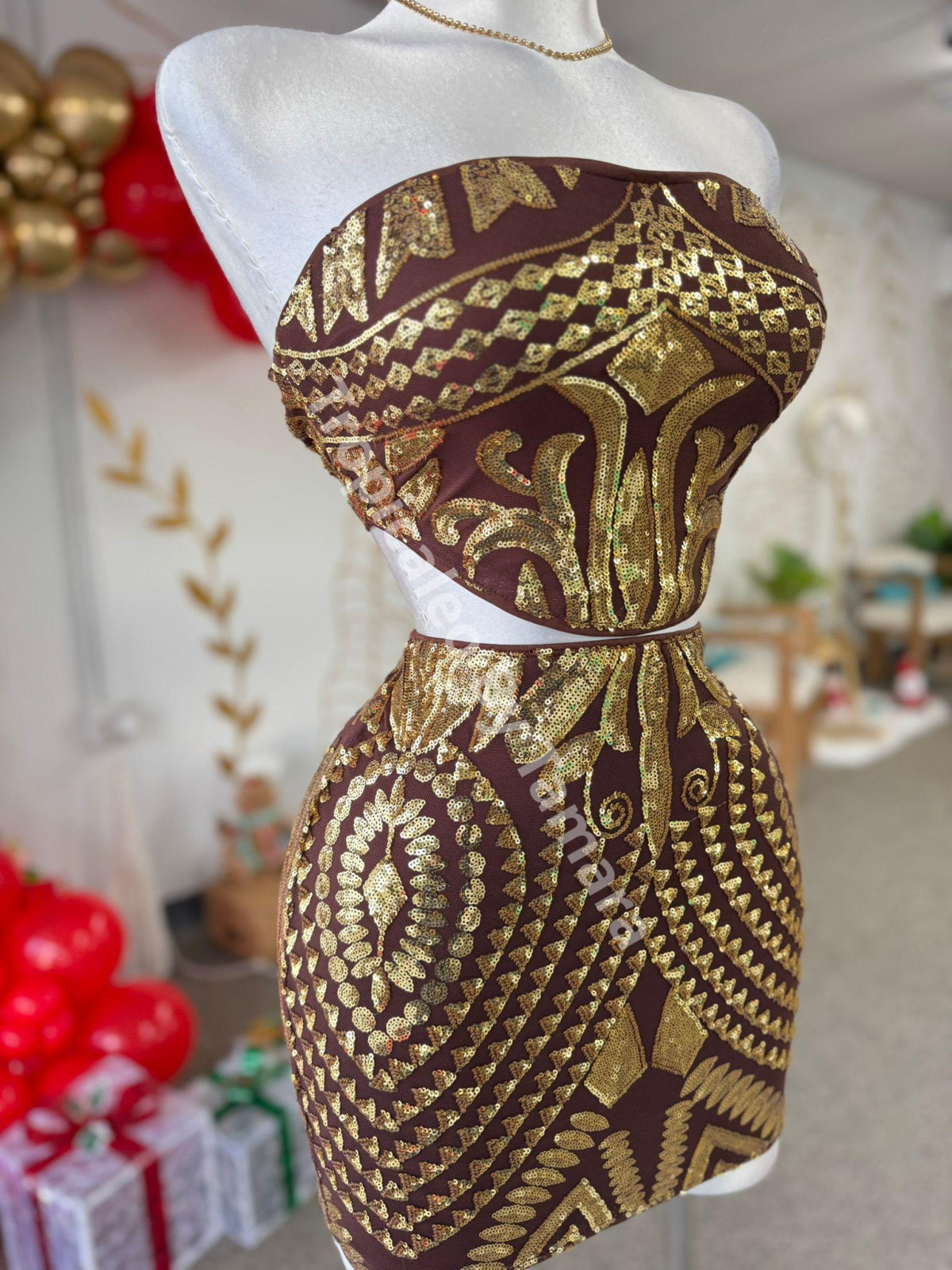 Gold Printed Crop Top And Skirt Set