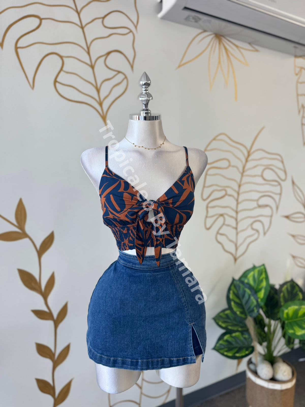 Tropical Brown & Blue Tie Crop Top