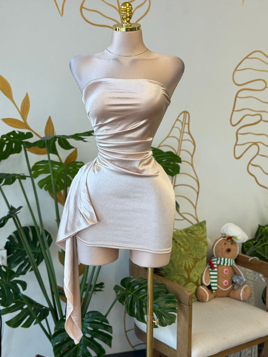 Champagne Satin Draped Tube Dress
