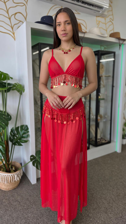 Set Rojo Mesh Transparente con Flecos de Lentejuelas - Top, Hilo y Falda