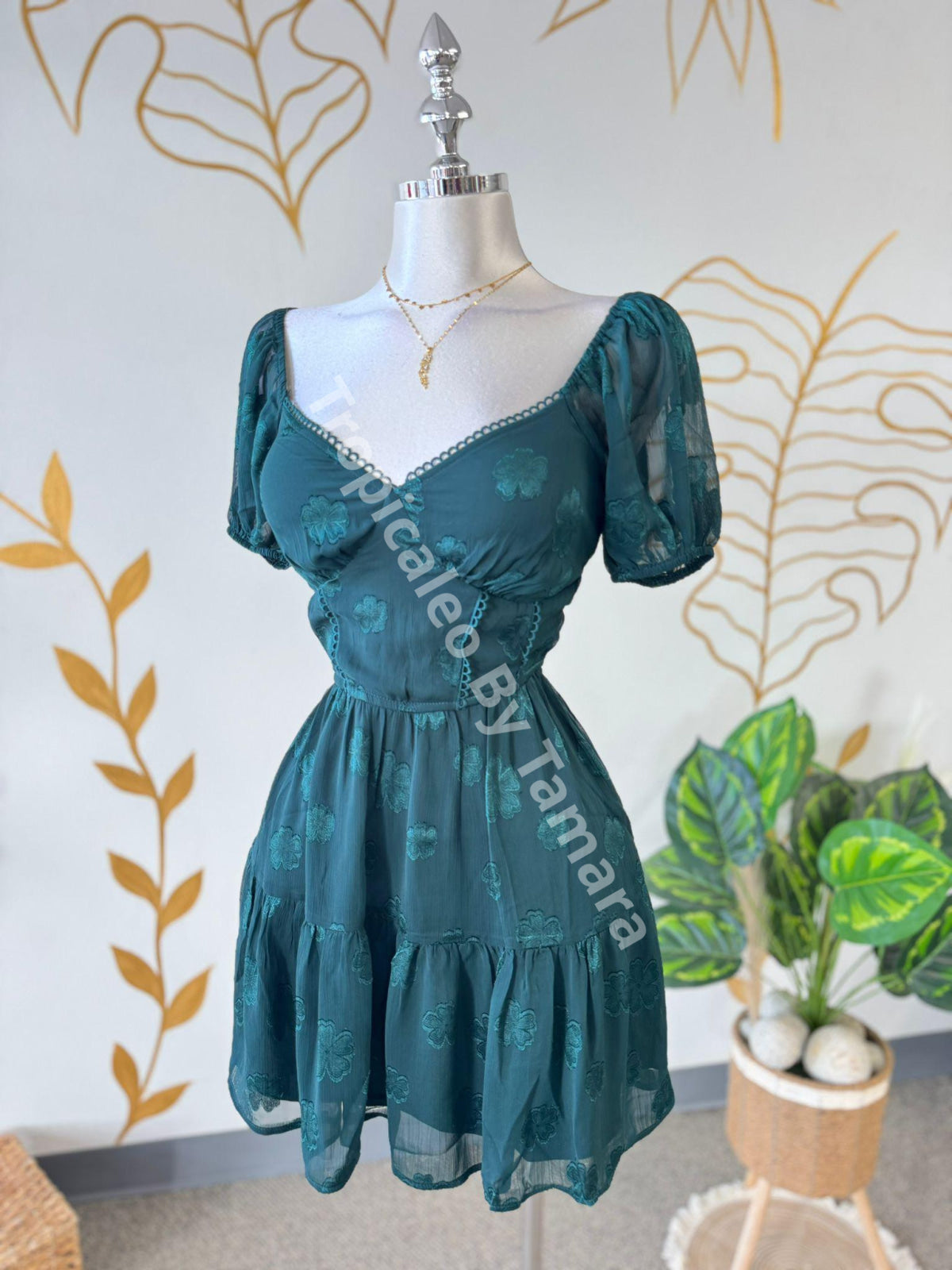 Hunter Green Floral Garden Short Sleeve Dress
