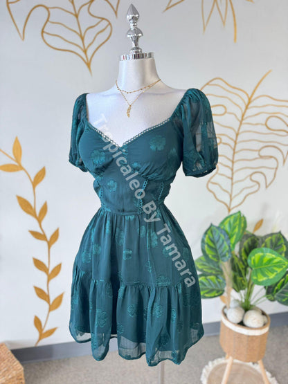 Hunter Green Floral Garden Short Sleeve Dress