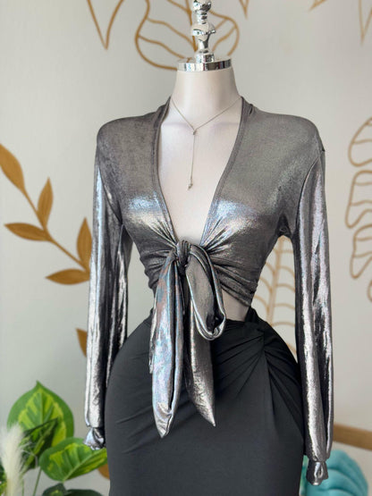 Silver Glam Wrap Top
