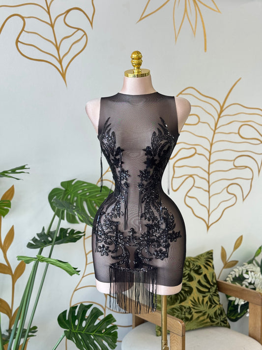 Midnight Illusion Fringe Dress