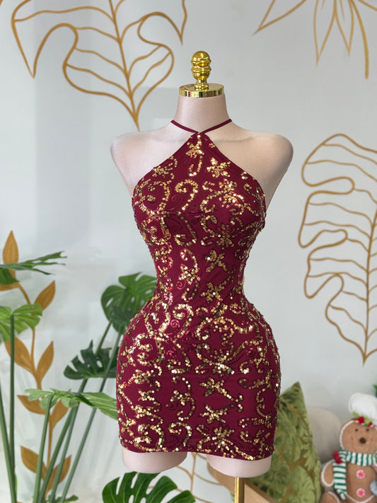 Golden Swirl Halter Dress