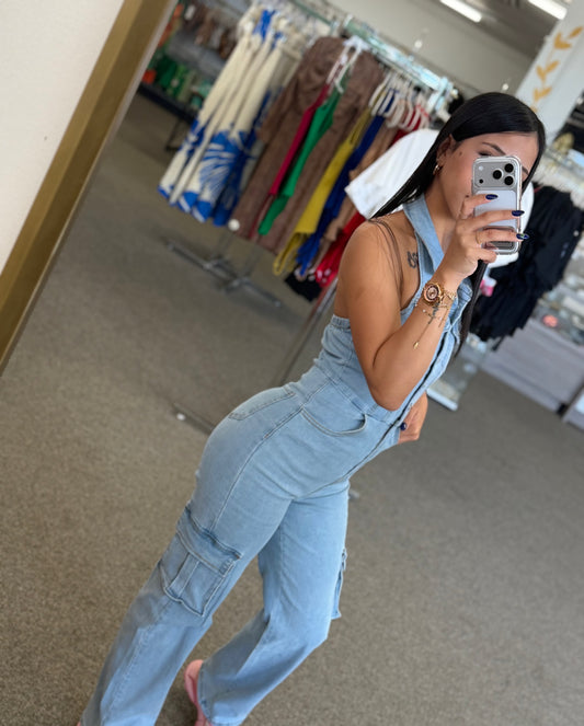 Denim Cargo Jumpsuit