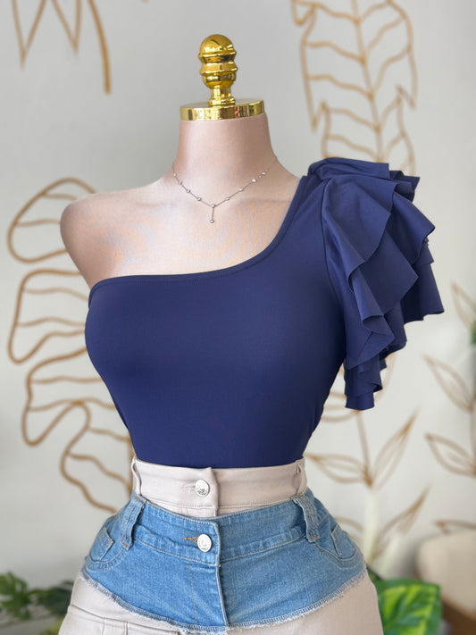 Midnight Ruffle One-Shoulder Top
