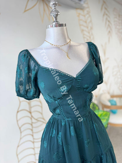 Hunter Green Floral Garden Short Sleeve Dress