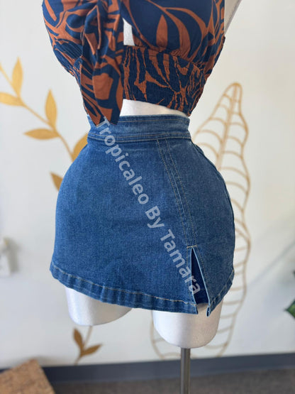 Tropical Brown & Blue Tie Crop Top