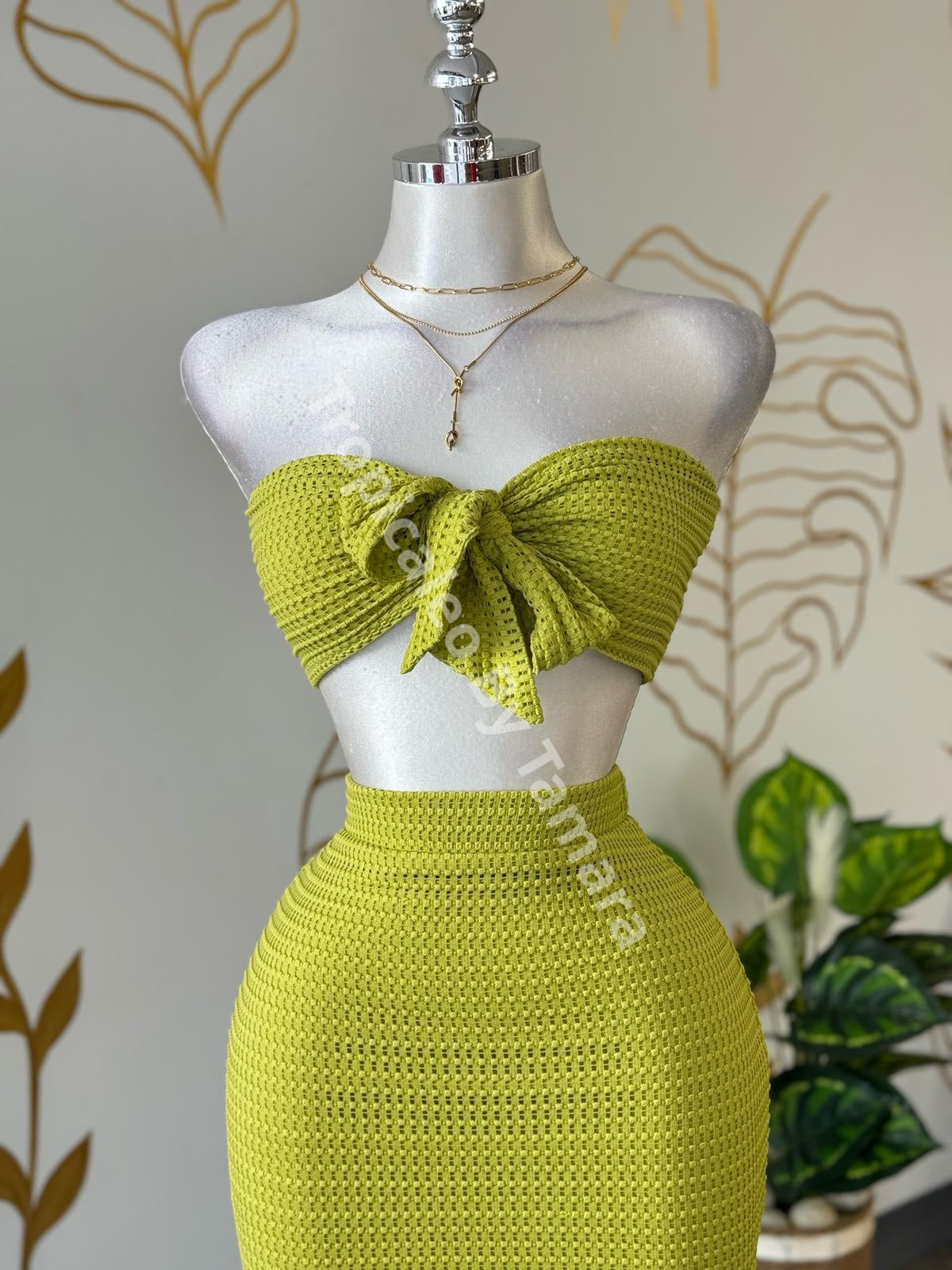 Summer Textured Glow Knit Bow Top & Skirt Set