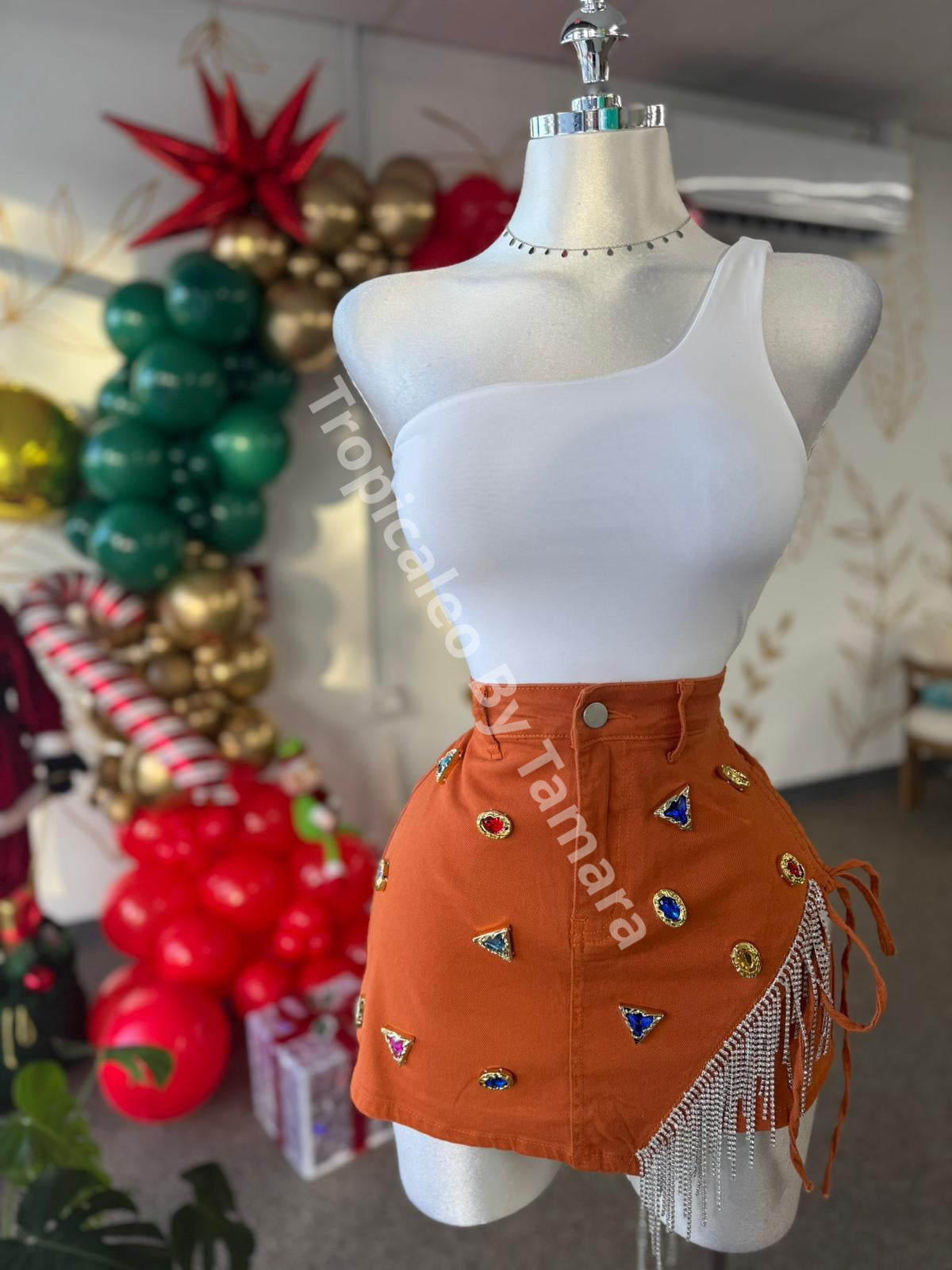 Rust Denim Skort With Rhinestone Trim