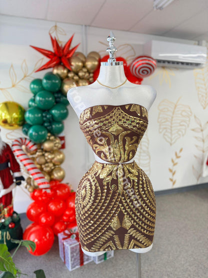Gold Printed Crop Top And Skirt Set