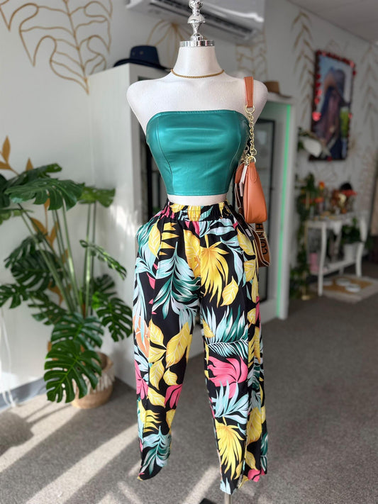 Corset Top Verde Teal en Cuero Sintético con Amarre al Frente
