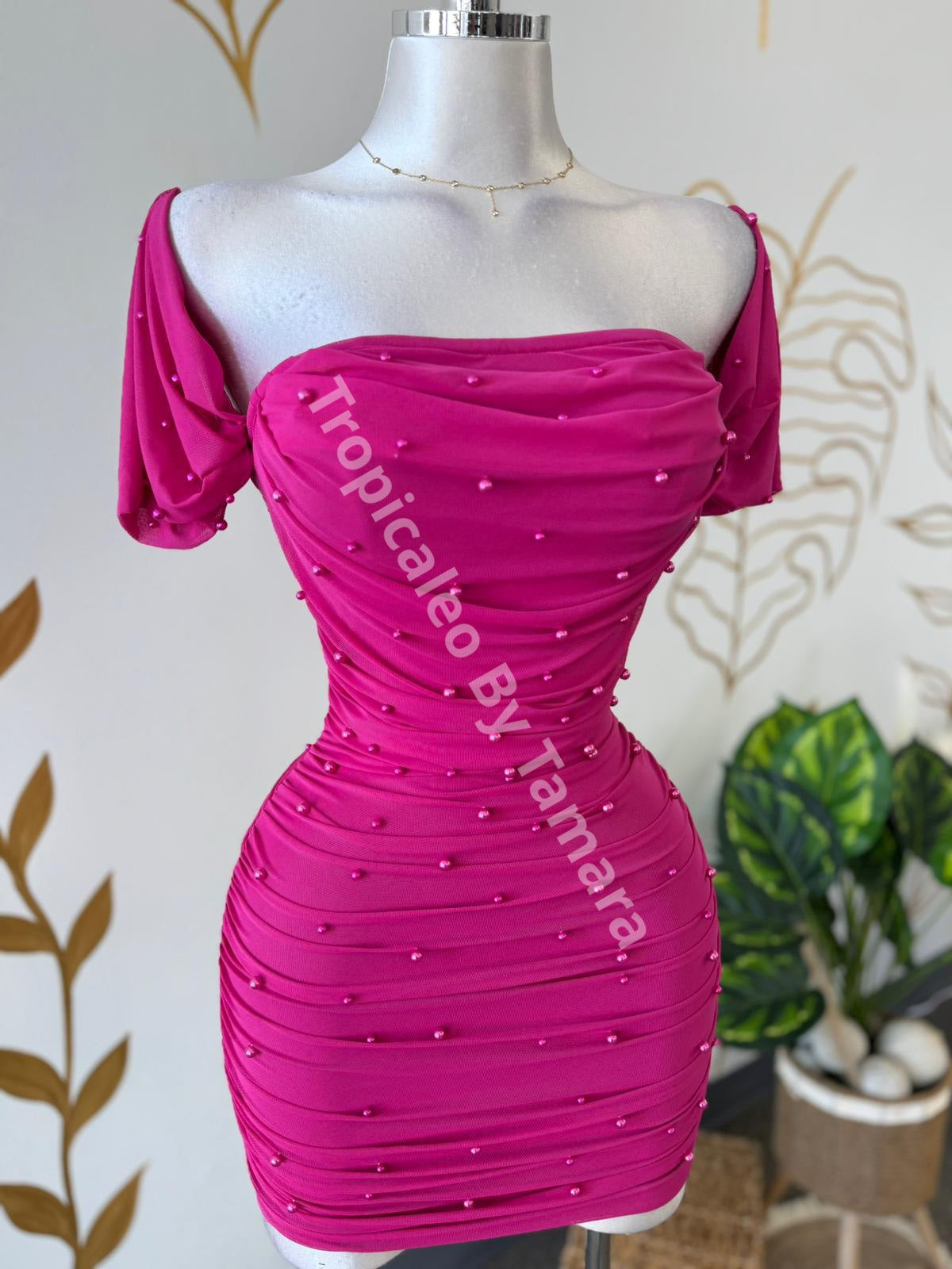 Magenta Pearl Off Shoulder Mini Dress