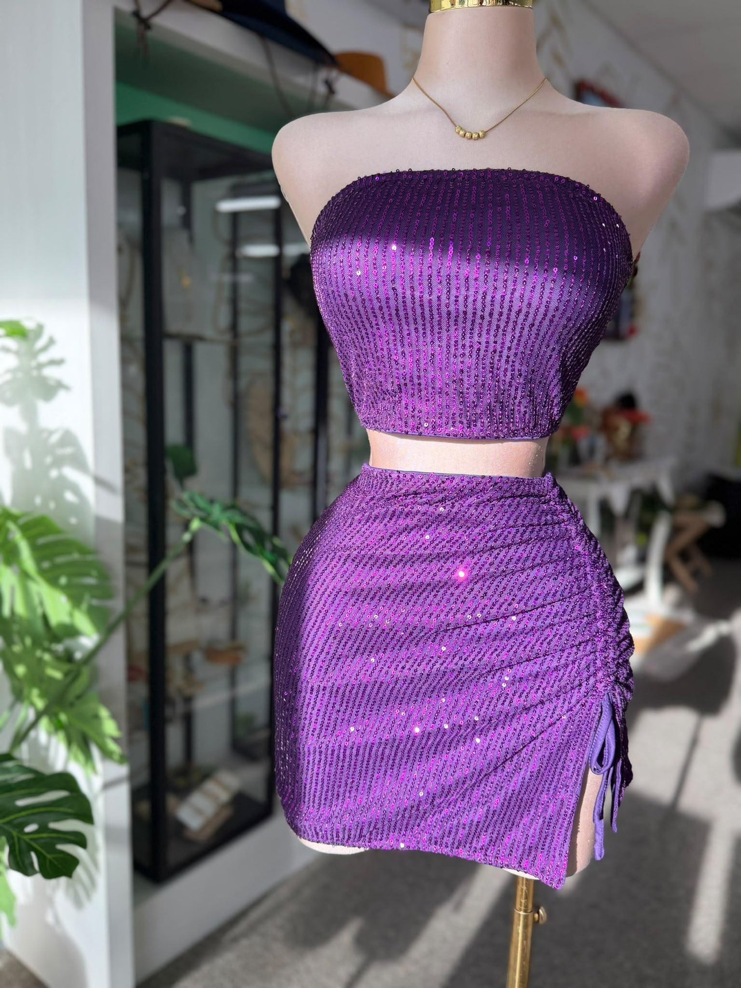Set 2 Piezas de Lentejuelas Violeta — Top Tubo y Falda Fruncida