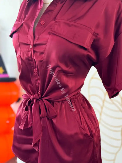 Burgundy Satin Playsuit