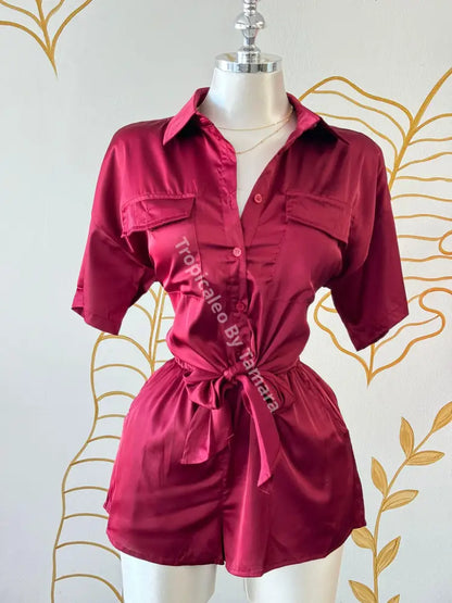 Burgundy Satin Playsuit