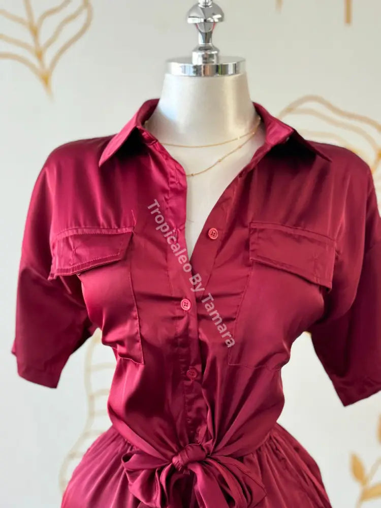 Burgundy Satin Playsuit