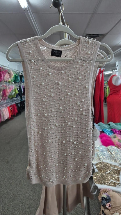 Top Tejido Beige con Perlas – Sin Mangas Semitransparente