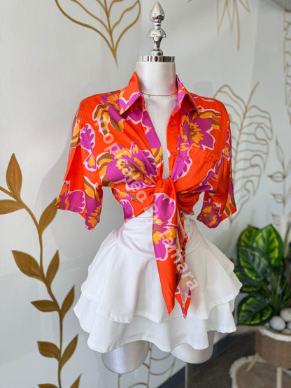 Sunset Orange Button-Up Oversize Top