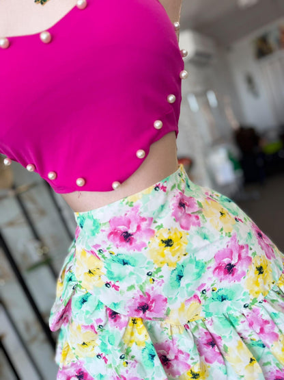 Mini Falda Floral Multicolor con Volante Escalonado y Forro