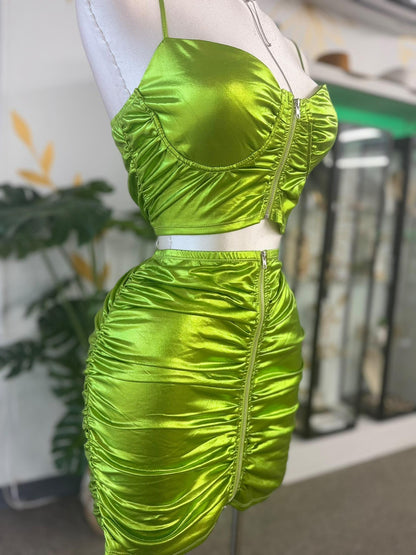 Lime Metallic Ruched Zip-Up Set