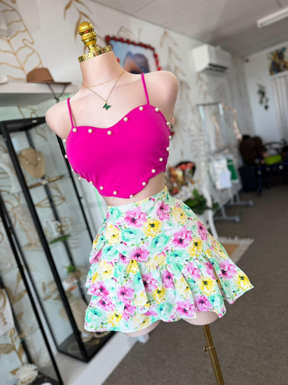 Mini Falda Floral Multicolor con Volante Escalonado y Forro