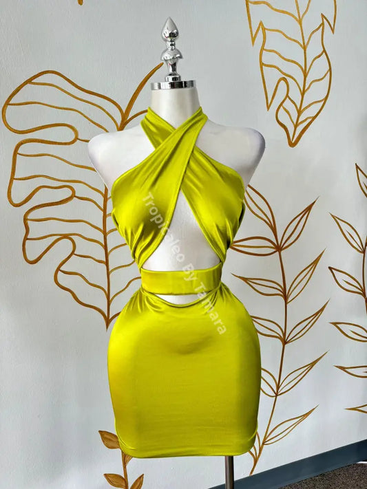 Chartreuse Goddess Halter Dress